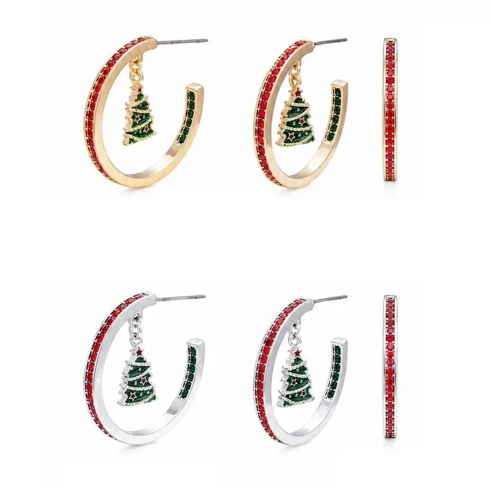 Luxury Style Christmas C Earrings Gorgeous Appearance Exquisite Xmas Tree Studs Shiny Crystals Lightweight Winter Hoop Jewelry