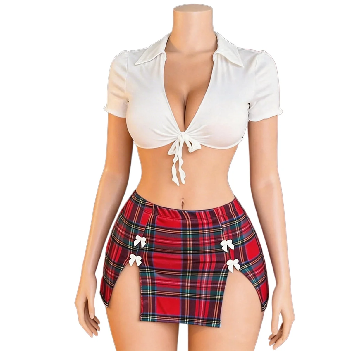 Übergröße Western Sexy Uniform mit Schlitz Damenunterwäsche Cosplay Schulmädchen Rückenfreies Kreuzgurt-Set mit Ausschnitten und Karierter Rock Lingerie-Set