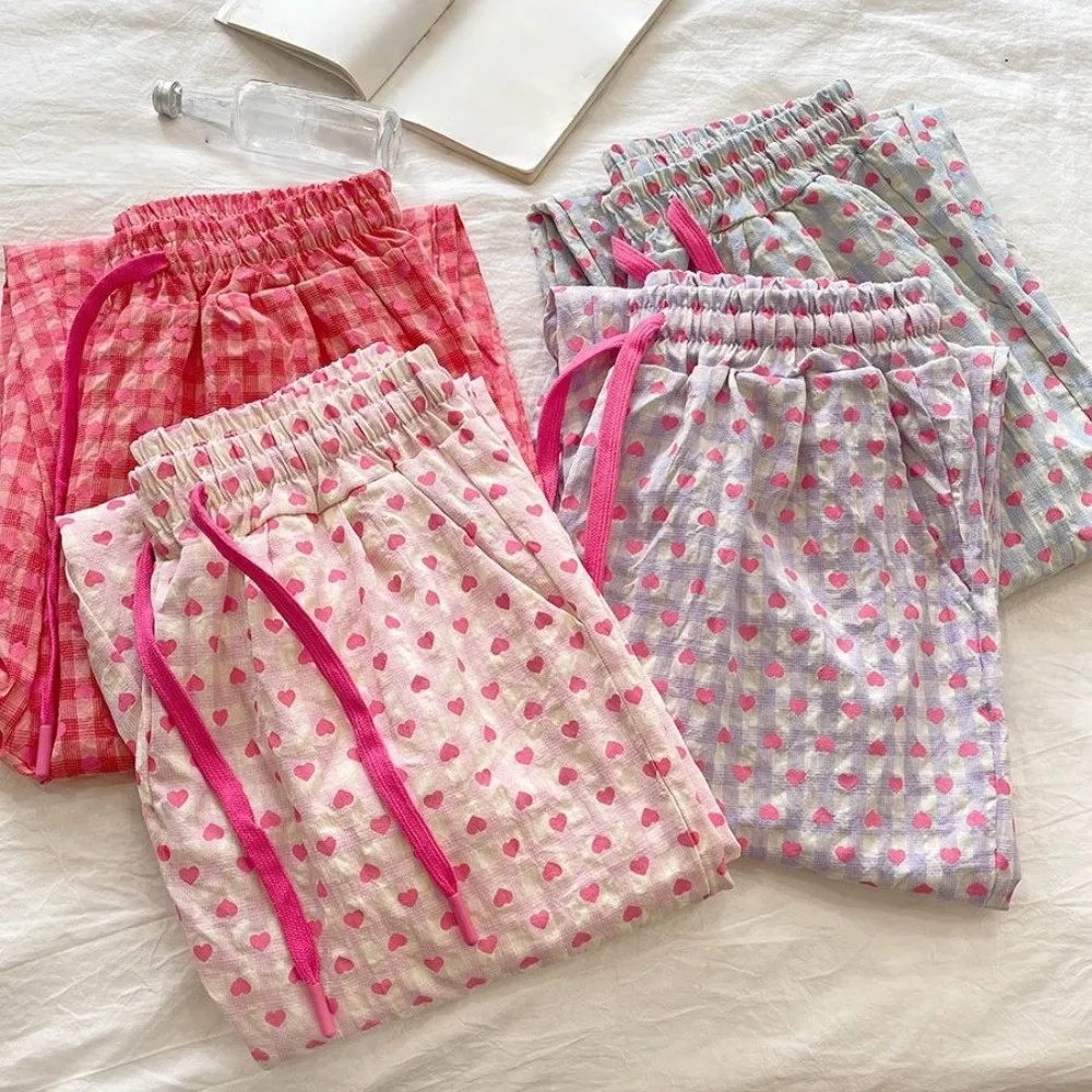 

Sweet Korean Style Plaid Heart Long Pants Colorful Comfortable Loose Trousers Draped Design Soft Drawstring Pants Office Casual