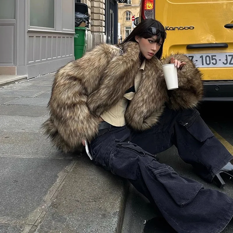 Long Faux Fur Coat Women Autumn Winter Large Jacket Overcoat White Turn Down Collar Pockets Thick Coat Warm Jackets Maxi Coats