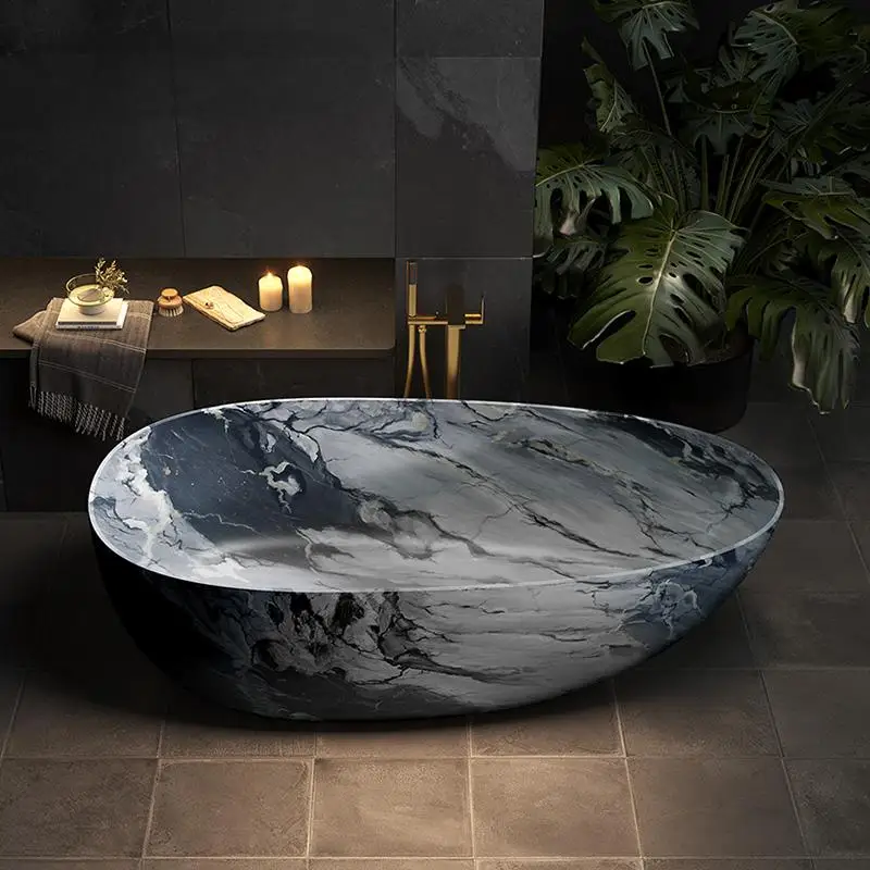 

Luxury Marble Pattern Freestanding Bathtub, Oval Artificial Stone Soaking Tub for Hotel Villa, Customizable Double Person Tub