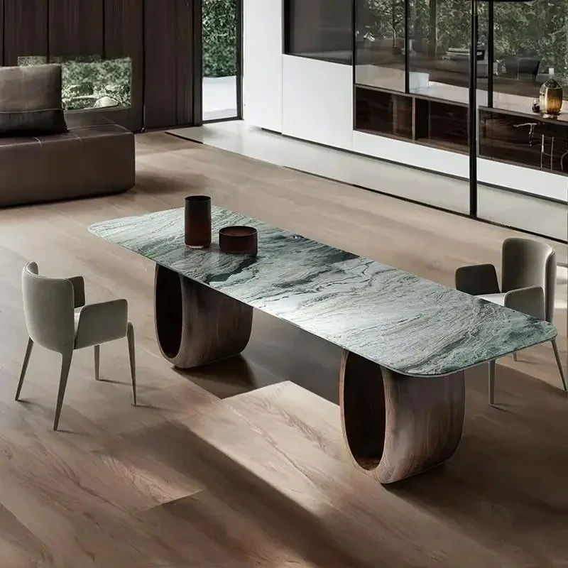 Calacatta Marble & Walnut Dining Table, Minimalist Luxury Long Table for Villa, Eco-Friendly Scratch Resistant, Customizable  FT