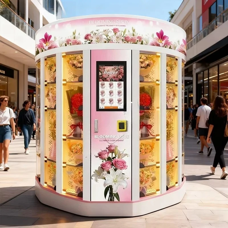 Fresh Flower Vending Machine White Bouquet Customized Coin QR Code Token Payment SDK Function Shopping Mall 24h Unattended
