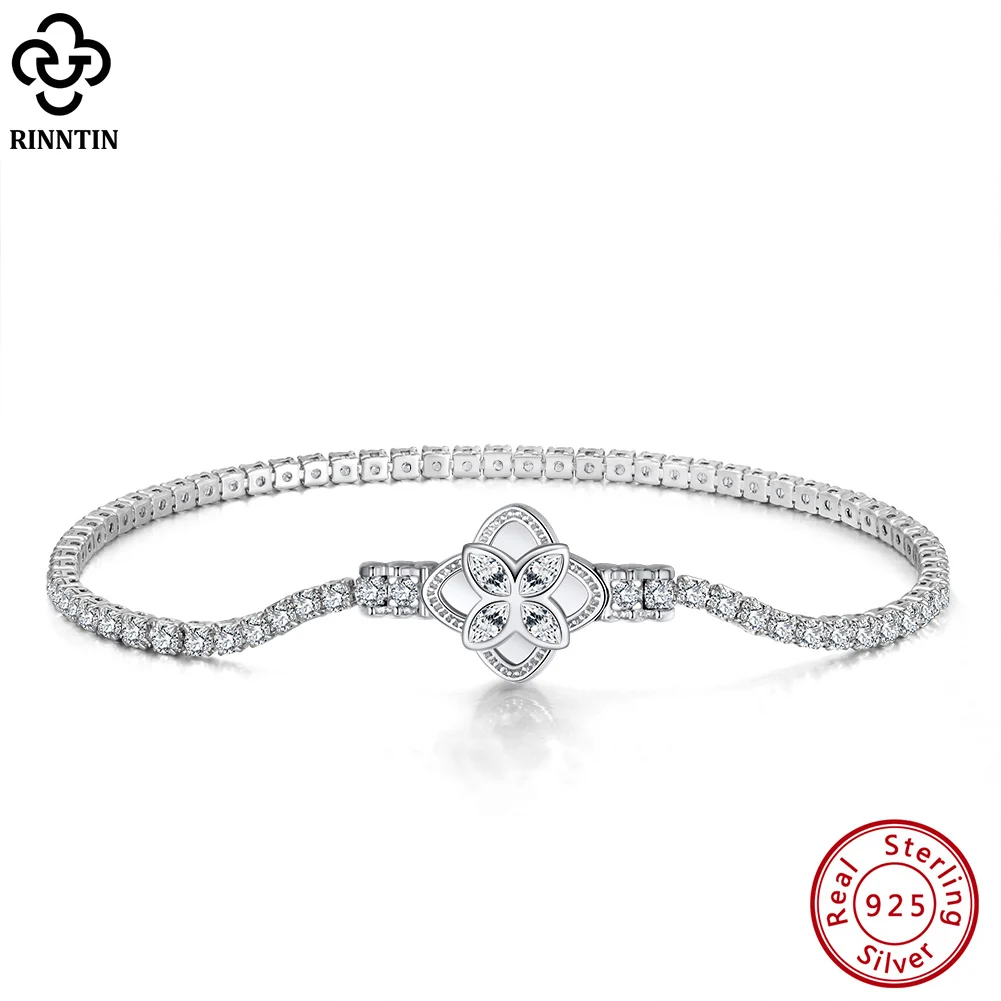 

Rinntin 925 Sterling Silver Unique Rotatable Clover Tennis Bracelet 2mm Cubic Zirconia for Women Chain Bracelet Jewelry SB140