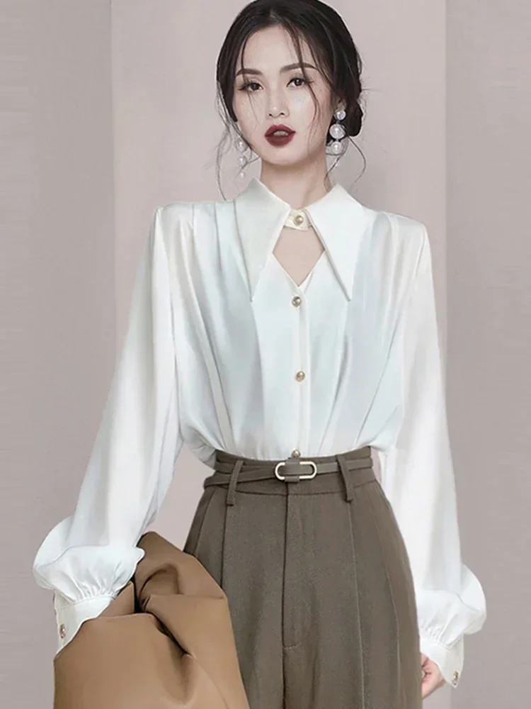 

Zoki Sexy Hollow Out Women Satin Shirt Elegant Long Sleeve Casual Office Lady Blouse Korean Fashion All Match Loose White Tops