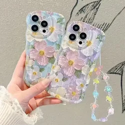 Flowers Painting Kawaii Girl Phone Case for iPhone 14 13 12 11 Pro Max Mini X XS XR 6 7 8 Plus Korea Y2k Back Cover with Strap