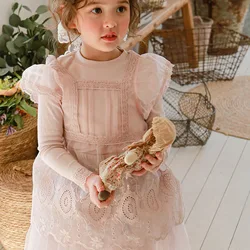 Baby Clothing Girls Apron Dress Spring Autumn 2024 New Fashionable Casual Simple Beautiful Lace Organza Korean Style Girls