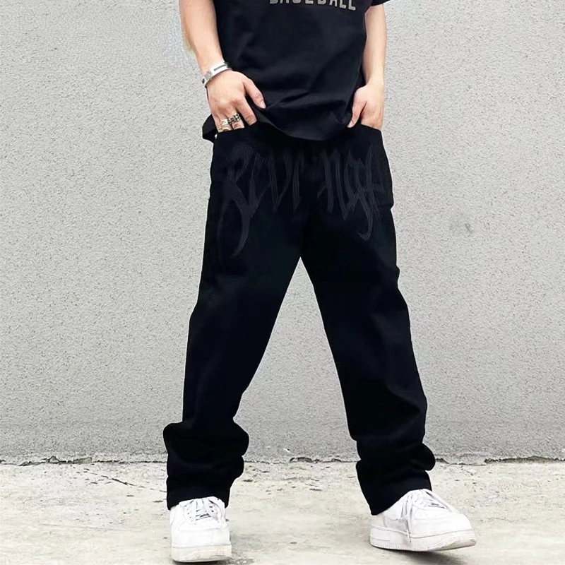 

Y2K Emo Men's Fashion Black Streetwear Embroidery Low Baggy Jeans Straight Trousers Hip Hop Denim Pant Male Pants Clothes Man