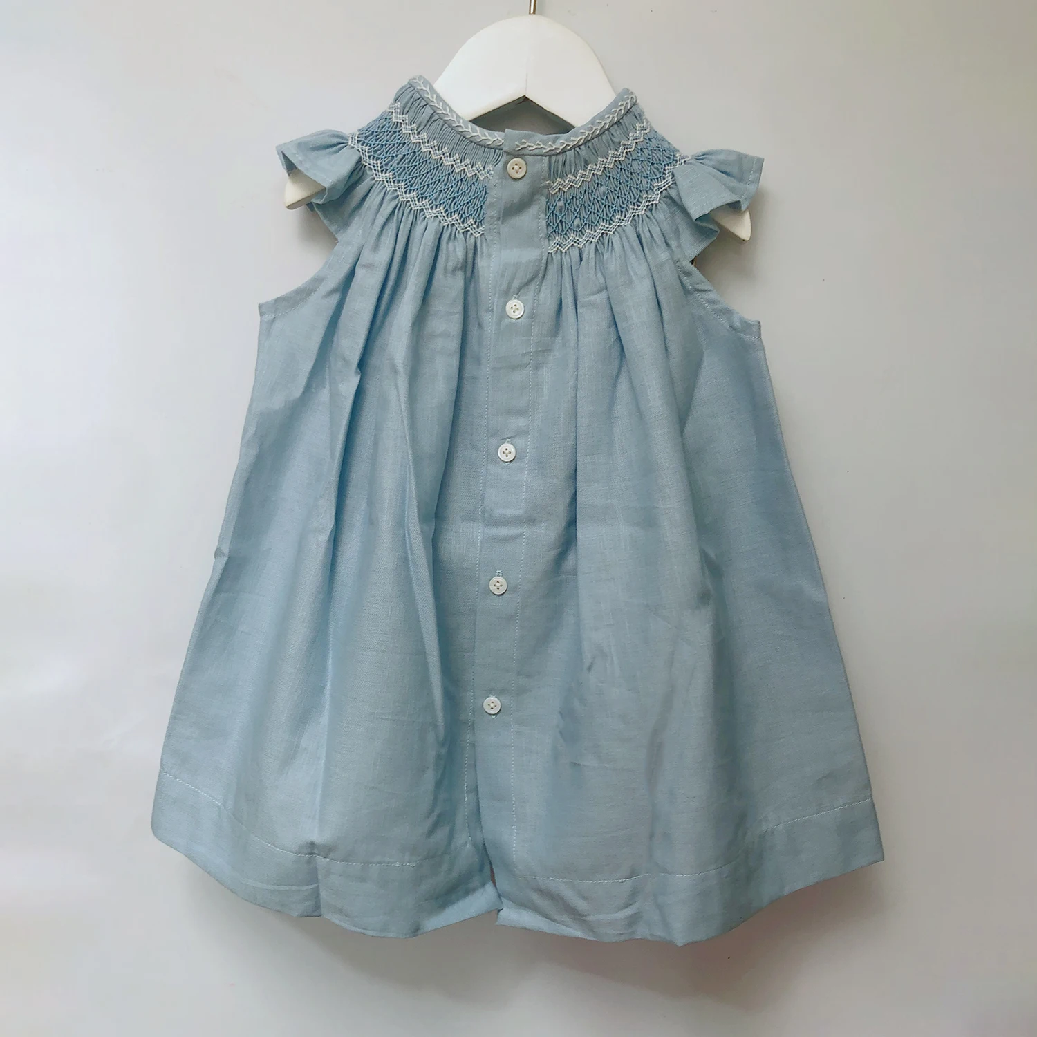 Girls Smocking Bishop Dress Summer Blue Cotton And Linen Flying Sleeve Handmade Skirt Children\'s Boutique Clothing