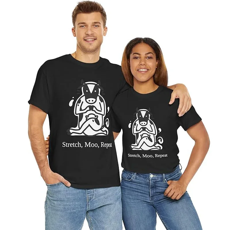

Stretch Moo Repeat Cow Yoga T-Shirt Gym Funny Cow Namaste Doing Yoga Adult Cotton Saying Tee Top Fitness Workout Graphic Outfit