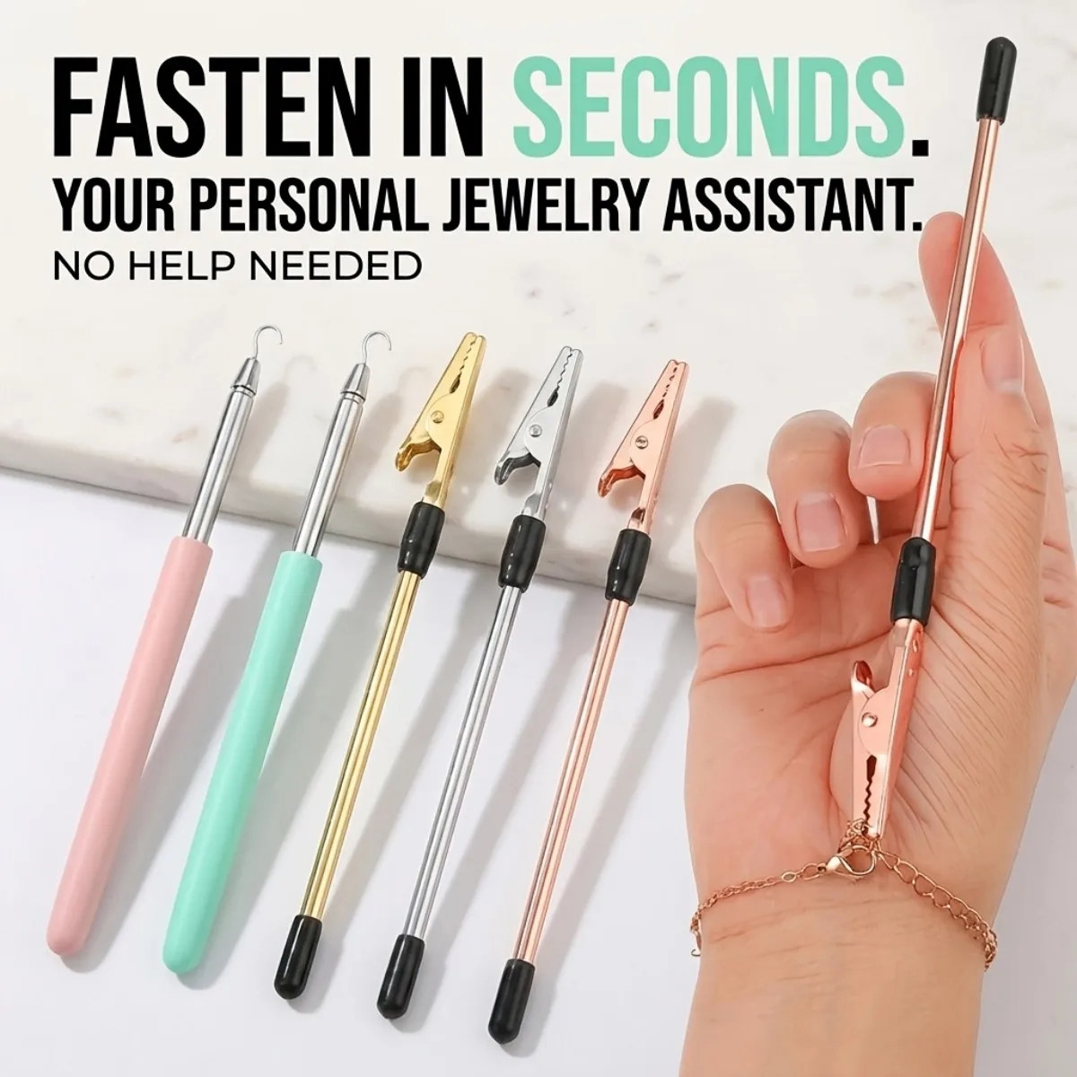 Bracelet wearing assistance tool, jewelry buckle assistant, quick release bracelet fastener, self wearing jewelry tool