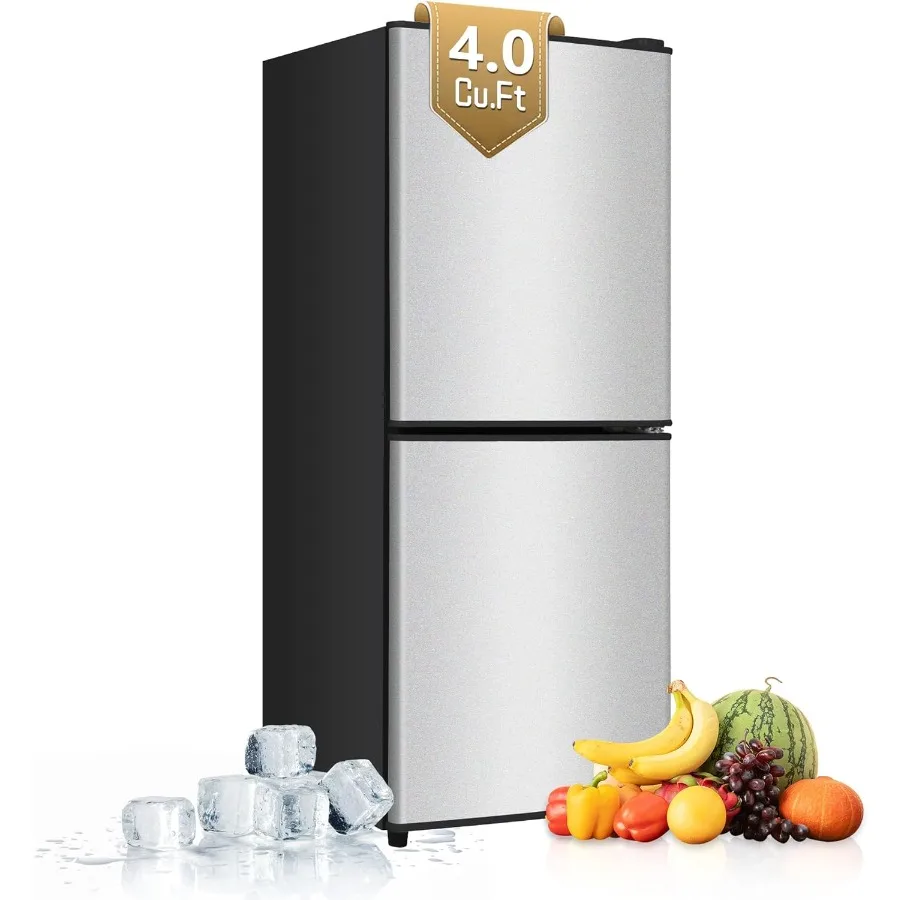 مدمج 4.0 مكعب. قدم. ثلاجة صغيرة ببابين مع فريزر وتحكم في ترموستات 7 مستويات للمكتب وغرفة النوم باللون الفضي - الطاقة