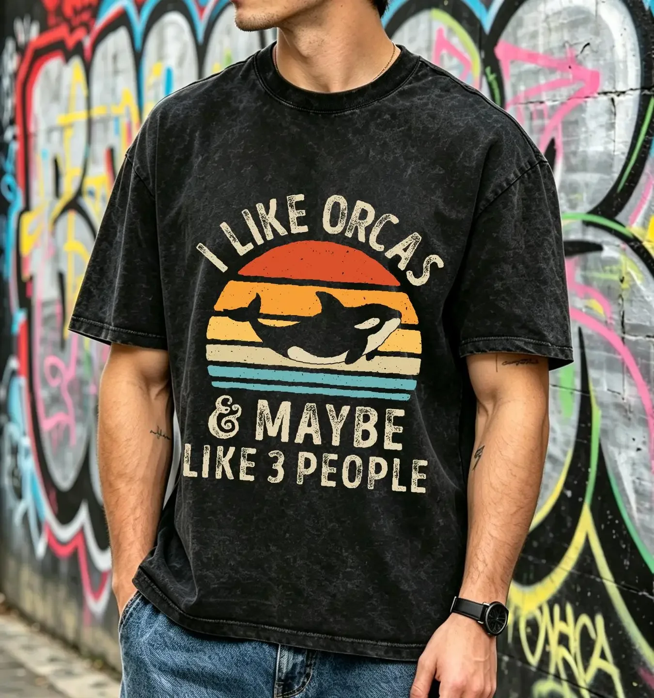 washed T Shirt I Like Orcas and Maybe 3 People Funny Orca Killer Whale  vintage Washed Casual Soft Stretched