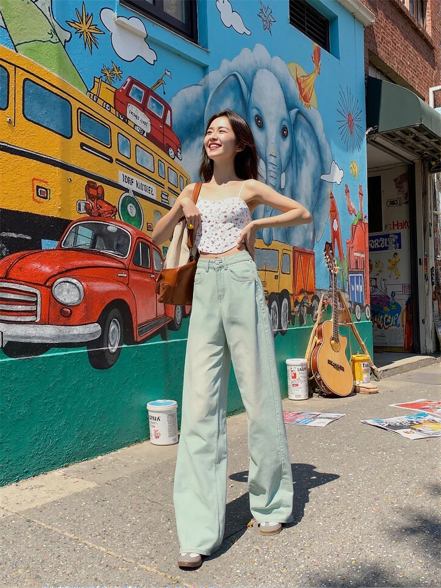 Damskie jeansy z szerokimi nogawkami, postarzane, z panelami, plisowane, łączone, w stylu koreańskim, eleganckie, drapowane, o długości do podłogi, typu barrel.