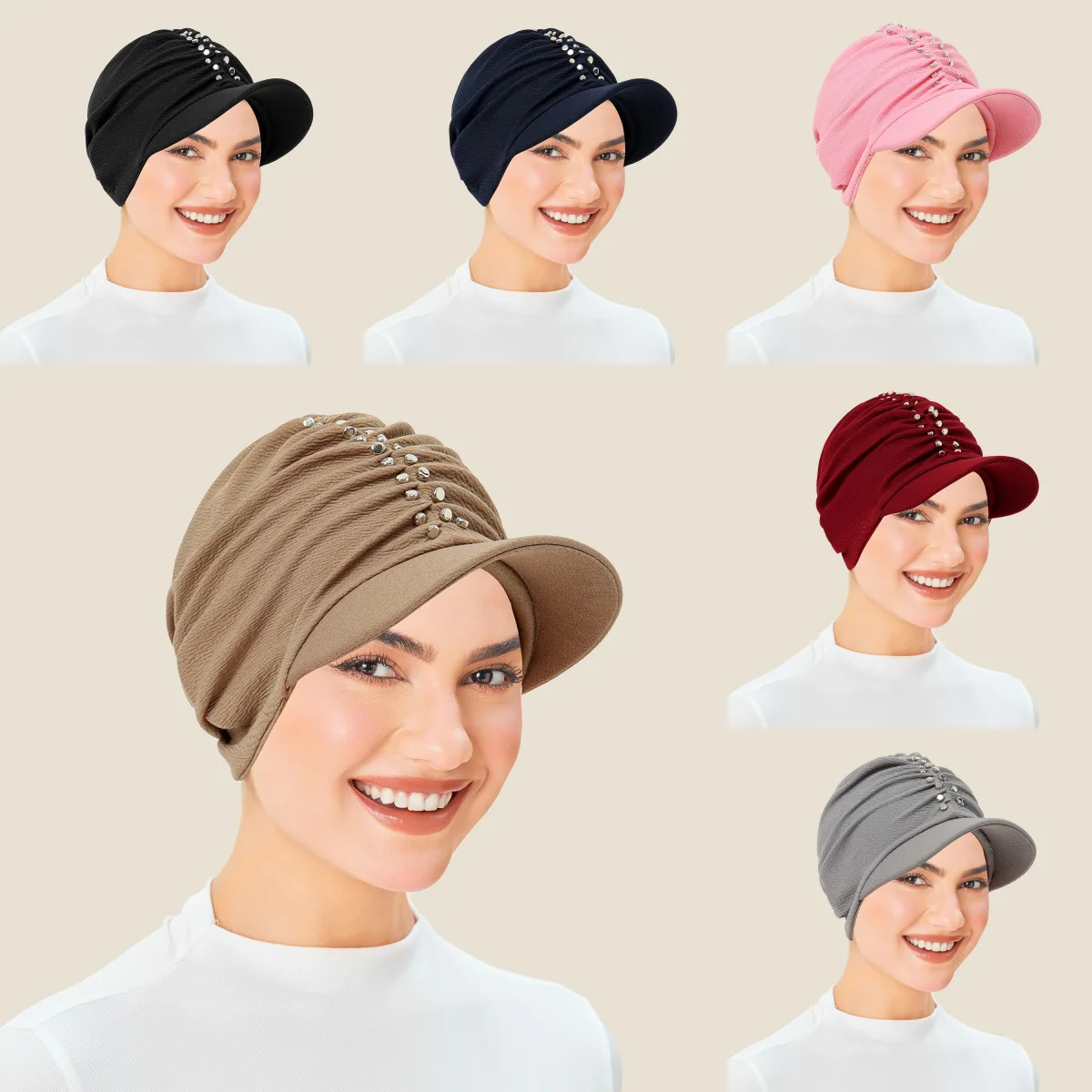 Moslim Vrouwen Brede Rand Hoed Diamanten Tulband Vizier Hoeden Baseball Cap Mode Geplooide Hoofddoek Motorkap Haaruitval Hoofddeksels Outdoor