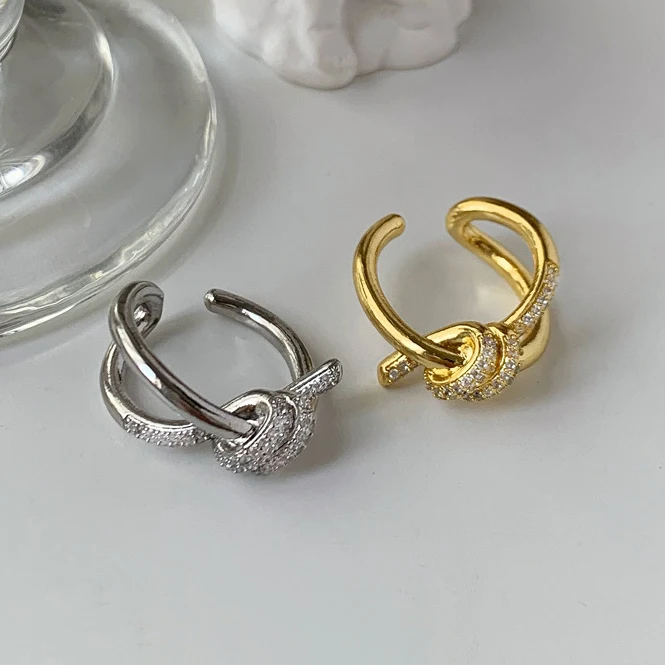 

Real 925 Sterling Silver Zircon Knot Opening Rings for Women Irregular Light Luxury Fine Jewelry Minimalist Trendy Accessories