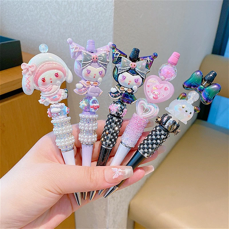 Sanrios Cute Plush Bead String Pen Hello Kittys Kuromi My Melody Diy Pen Pochacco Cinnamoroll Cartoon Stationery Birthday Gifts