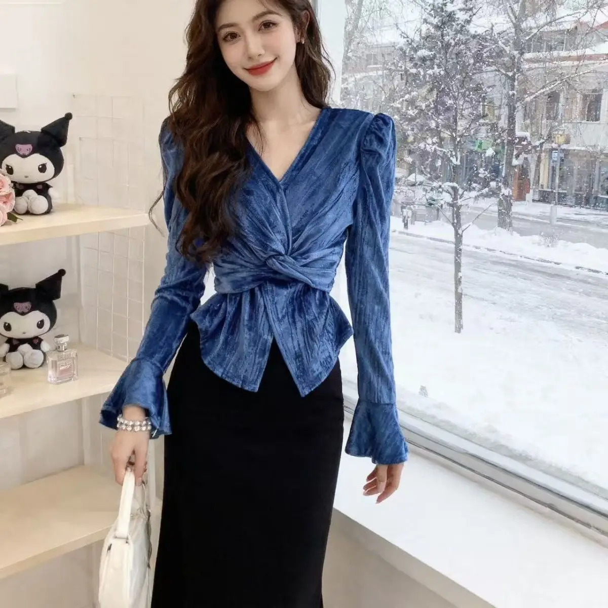 

Velvet Bell Sve irt Women's Spring Autumn New Faion Cross Knot Unique Top Asymmetrical Long Sve V-ne Casual Sle