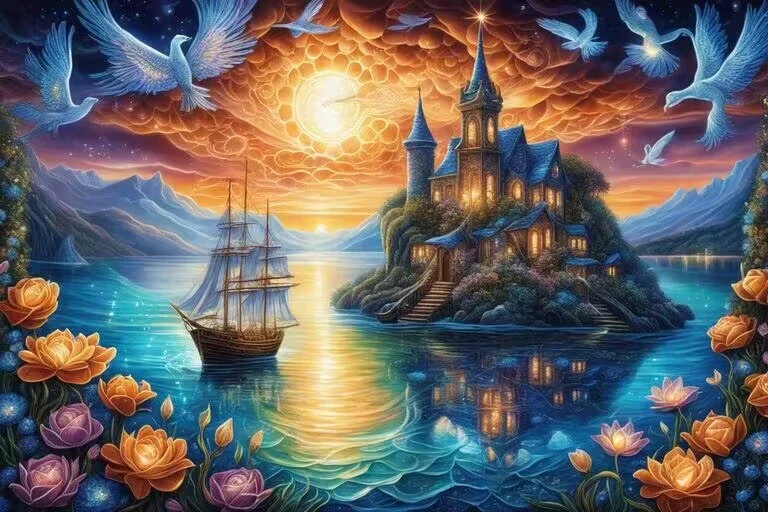 Sunature Diamond Painting Art Full Square Round Drills Dream Castle Boat Diamond Painting Kits