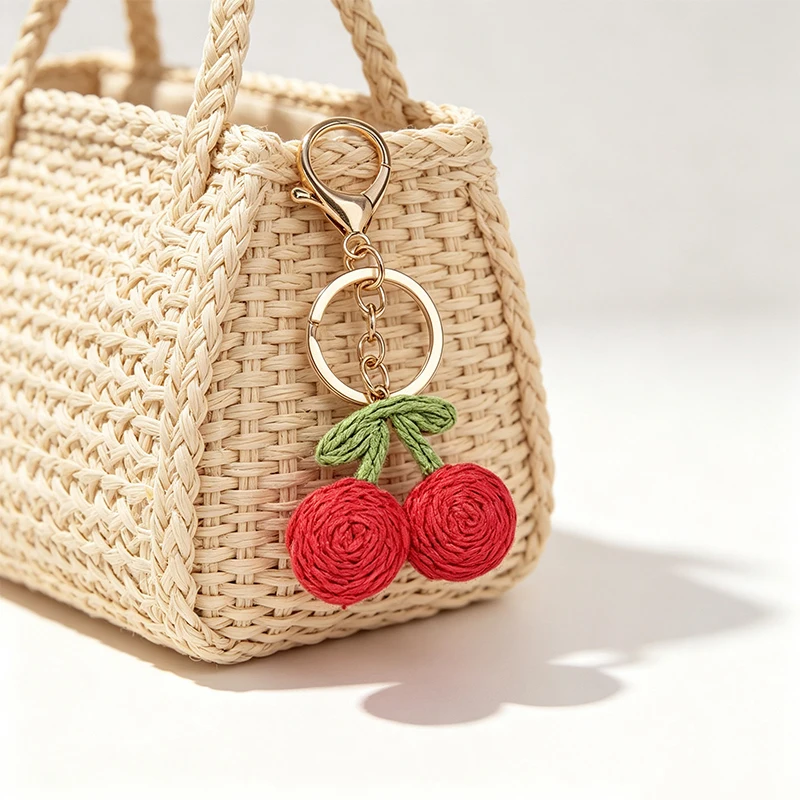 Handcrafted Laffey Grass Cherry Pendant Fruit Style Cute Bag Keychain DIY Small Accessories Original Design Box Bag Decorations