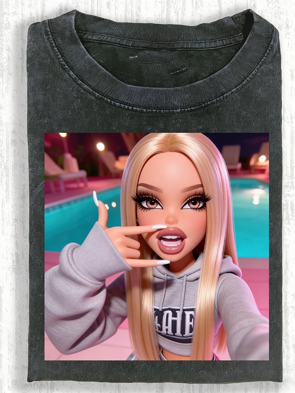 Heavyweight washed crew neck T-shirt, dark gray base with a poolside blonde girl graphic.  Distressed couple streetwear shirt.