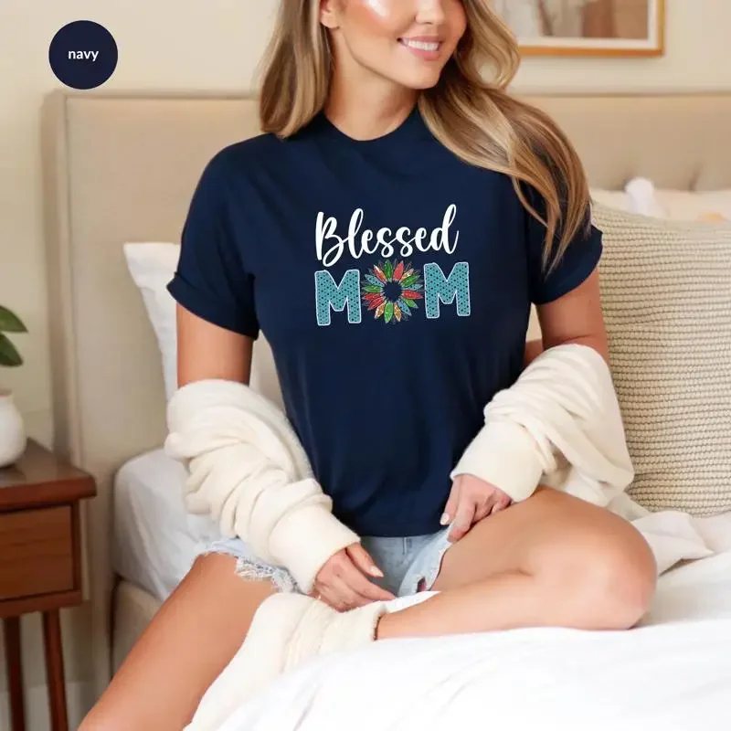Blessed Mom T Shirt Blue Expecting Mother Mama Mothers Day