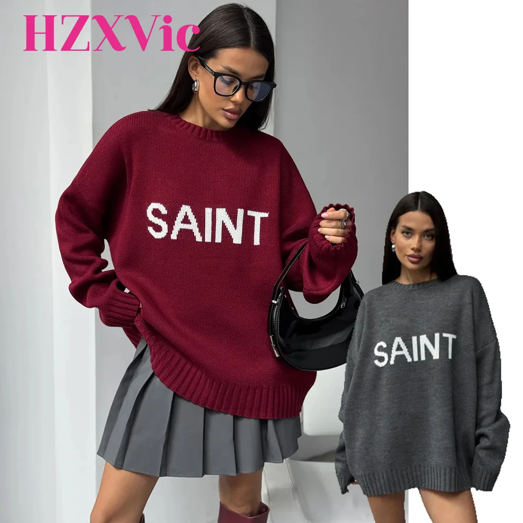 

HZXVic женский свитер из смеси контрастных букв жаккардовый свитер с круглым вырезом новый свободный универсальный вязаный свитер с круглым вырезом