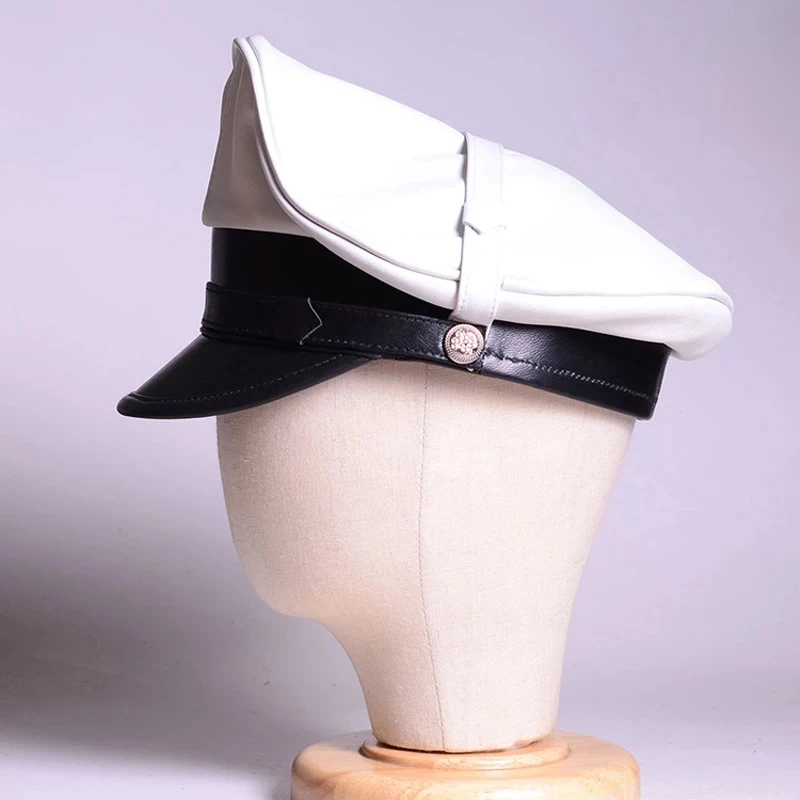 German Hat For Men White Classic Real Leather Motorcycle Heavy Machine Knight Caps Male Punk Locomotive Retro Officer General