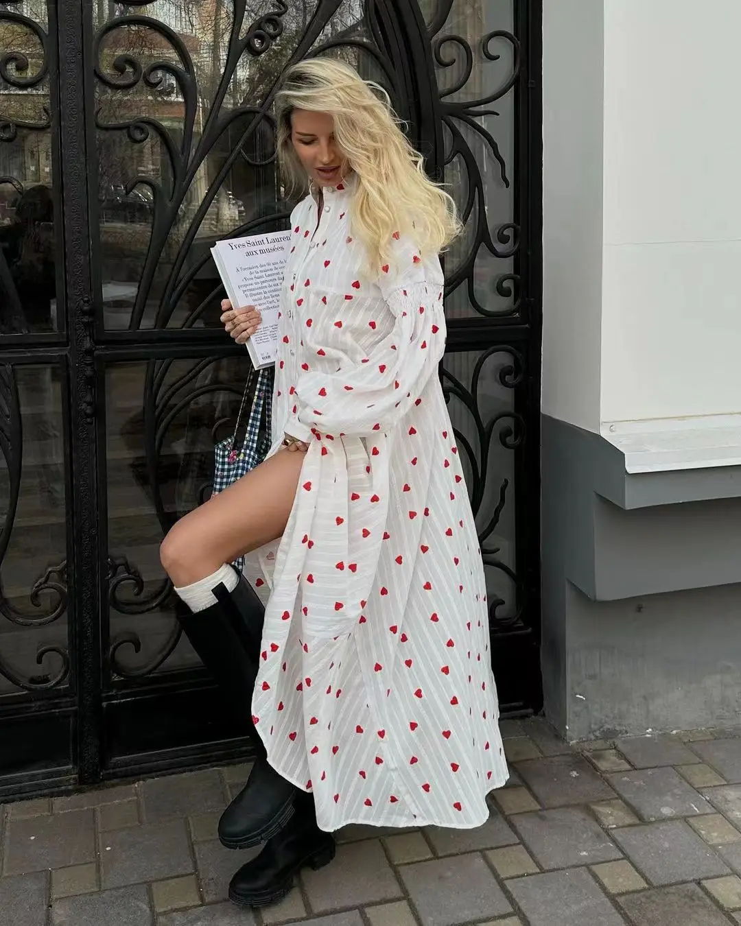 Słodki Nadruk Miłość Dr Lantern Sve Luźny Krój Patchwork ort Dr Okrągły Dekolt Długi Rękaw Sve Moda Damska Lato 2023