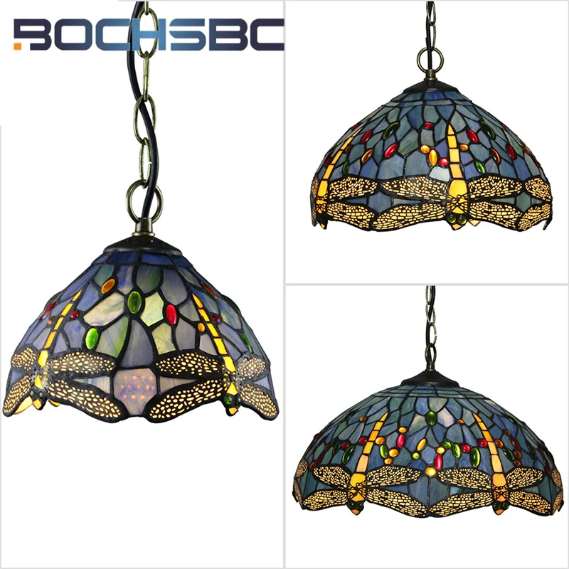 BOCHSBC Tiffany Stained-glass Chandelier Vintage style Dragonfly decor Living Room Dining room Study bedroom suspended light