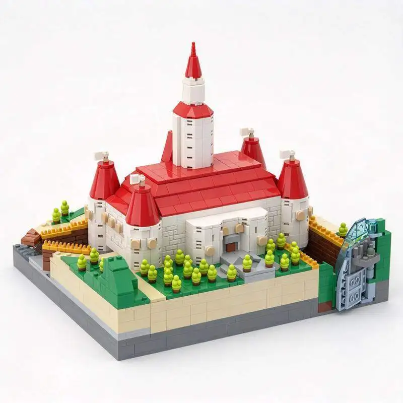 2383PCS MOC Royal Dream Castle Scene With Red Roof Towers Green Lawn Moat And Trees Building Blocks DIY Assembly Model Gift