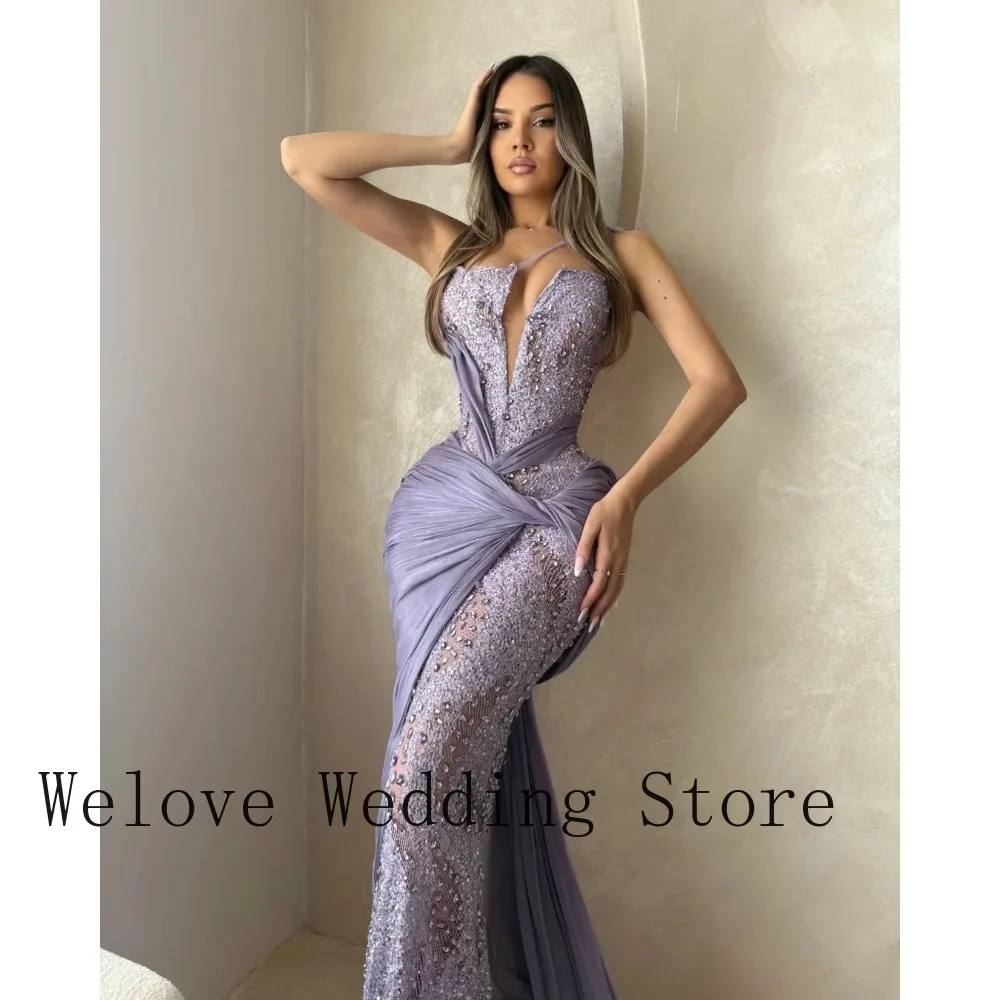 Vestido de Noche Formal Glamuroso de Sirena con un Solo Hombro, Color Lavanda, con Lentejuelas, Encaje, Cola de Gasa Drapeada, para Fiesta de Gala, Boda, Invitada o Dama de Honor