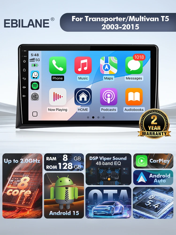 EBILAEN Android 15 Car Radio For Volkswagen Multivan T5 2003-2015 Wireless Carplay Auto Radio Car Multimedia Stereo OTA 2 Din