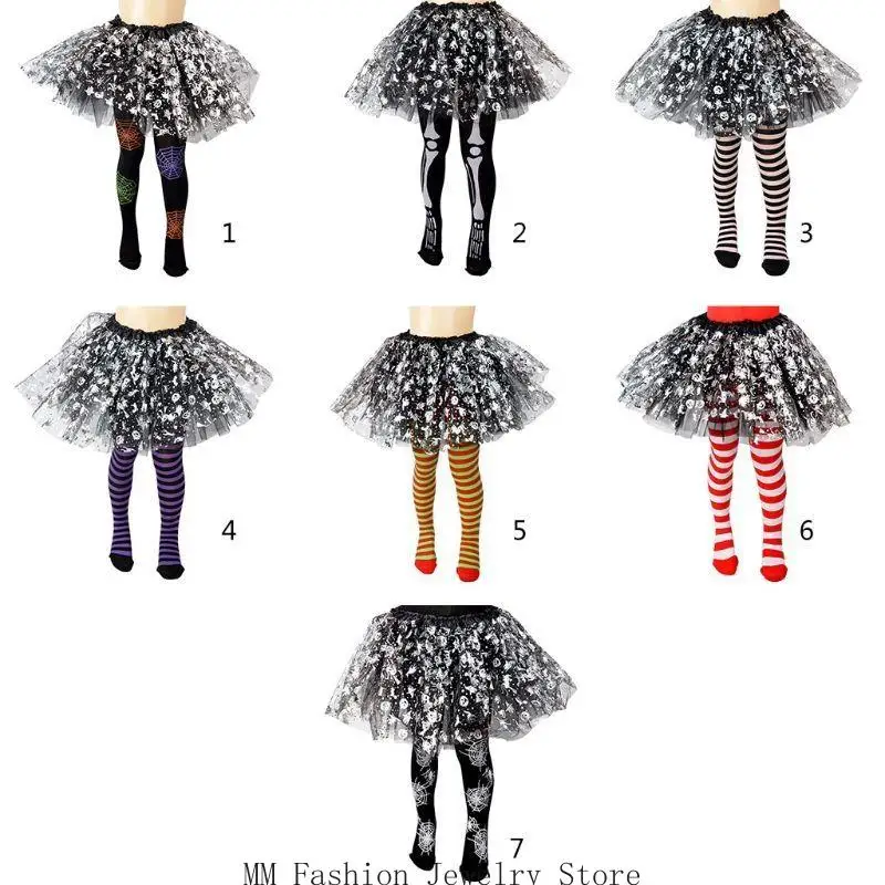 Kids Girls Halloween Full Length Tights Stockings Cartoon Spiderweb Skeleton Striped Pantyhose Cosplay Costume Carnival Up D0UB