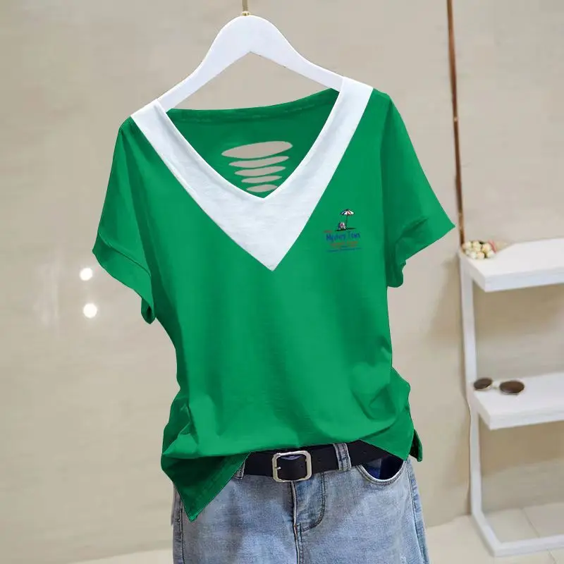 Moda v yaka baskılı eklenmiş tüm maç bluz kadın giyim 2023 yaz yeni boy Casual kazaklar gidip gömlek