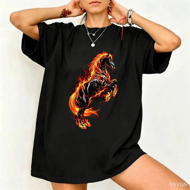 Fire Horse Graphic T Shirts Flaming Printed Tshirt Men Women Cotton Short Sleeve Round Neck T-shirt Comfortable Streetwear Tops