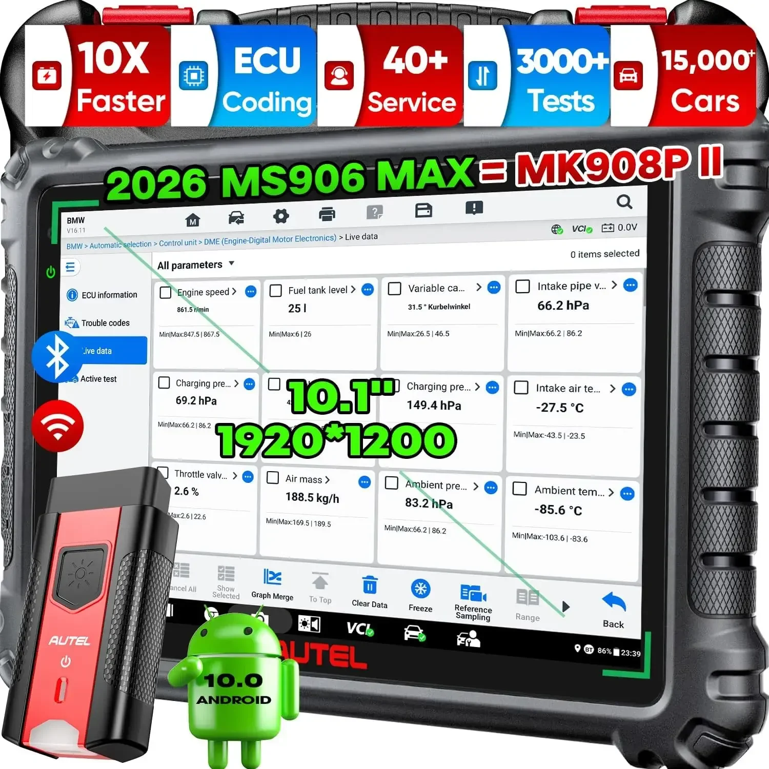 Autel MaxiSYS MS906 MAX, 2026 10.1’’ Bidirectional Scanner W/ECU C0ding | MS906MAX V2.0 of MS906 PRO MP900BT, 3000+ Test, 40+ Service As MS908S PRO II, All-Sys Diagnostic, VA.G Guided, CANFD&DOIP&FCA