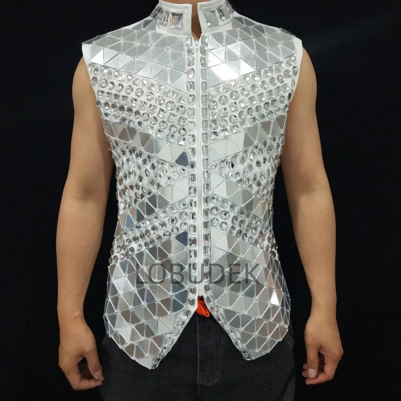 Silver Sequins Vest Rhinestones Mirrors Waistcoat Bar Nightclub Male Singer Stage Crystal Performance Blue Drum Dance Coat