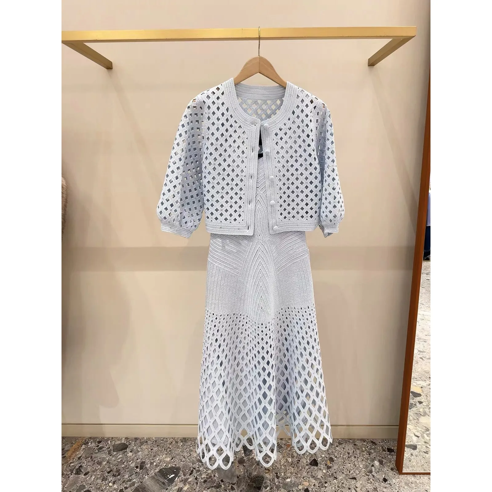 Fashionable Hollow out Diamond Pattern Long Sleeve Knitted Dress Spring Summer New Arrival Women's High Waist A-Line Dress