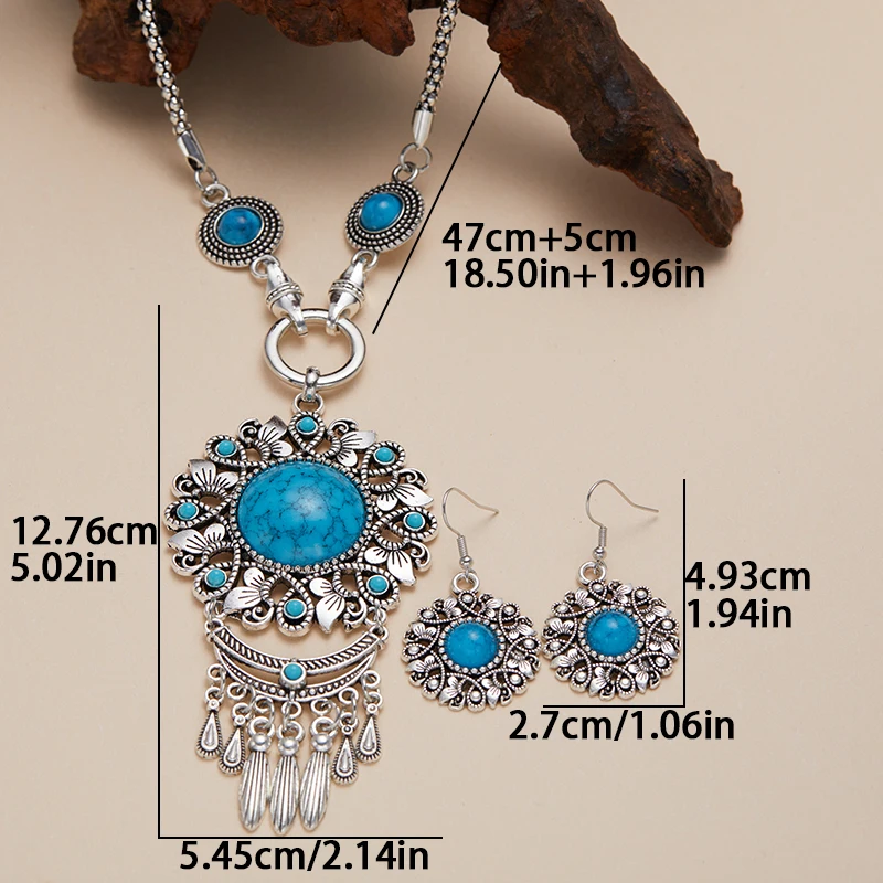 Bohemian New Vintage Tibetan Necklace Earrings Set for Women Ethnic Imitation Turquoise Memorial Holiday Tassel Gift Necklace