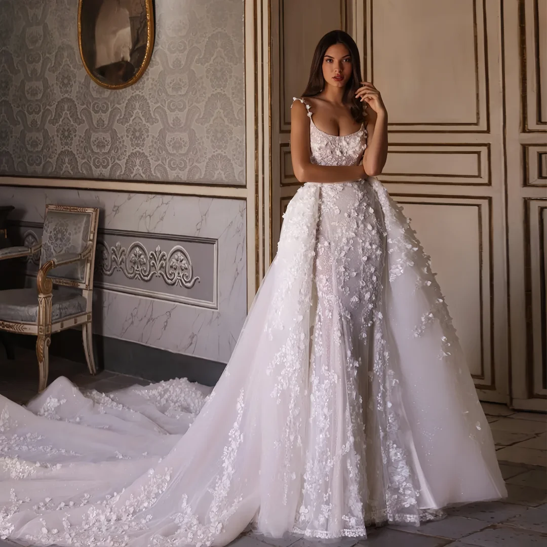 

Customized Sexy Mermaid Wedding Dresses Scalloped Straps Vestido De Novia Flowers Detachable Train Custom Made Bridal Gown