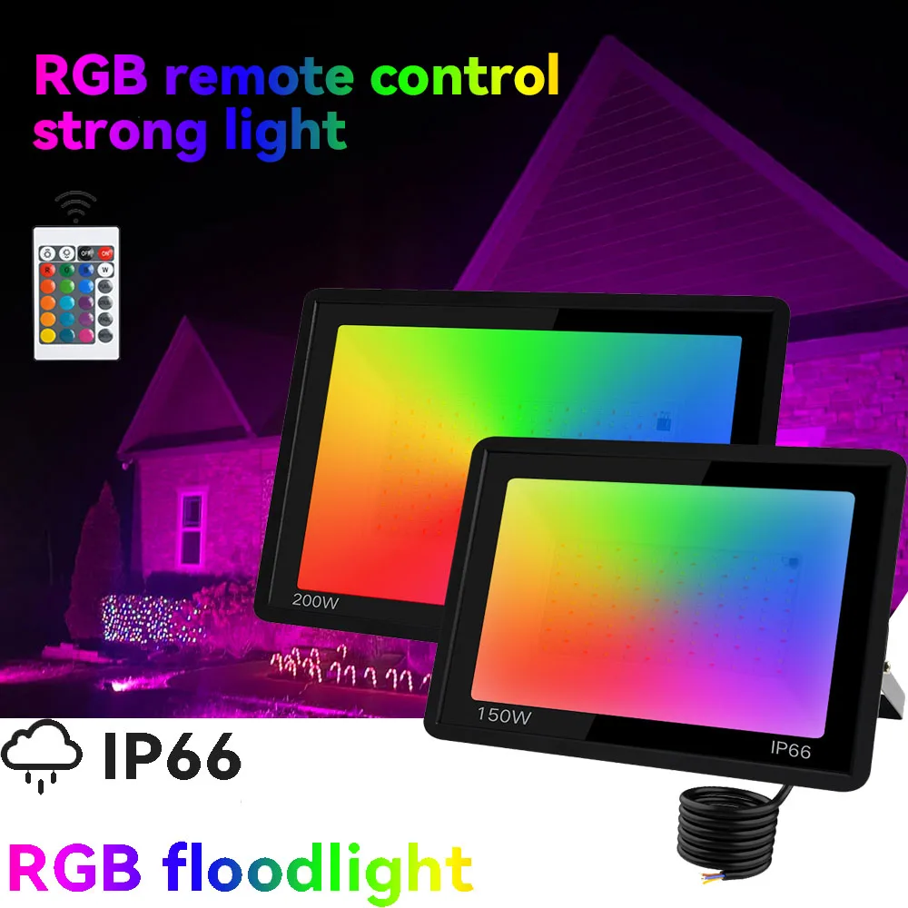 RGB Flood Light Waterproof IP66 Outdoor Remote Control Floodlight 220W/150W/100W/50W Spotlight AC 220V Dimmable Garden Lighting
