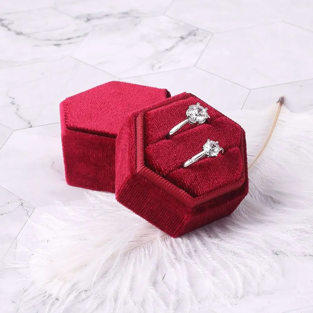 Fashion Two Slots Velvet Rings Holder Luxury Hexagon Rings Bearer Box Proposal Storage Rings Display Case Couple