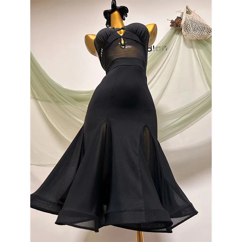 New Ballroom Dance Clothes Black Halter Neck Tops Black Skirt Women Practice Wear Adult Waltz Dance Performance Dress BL12322