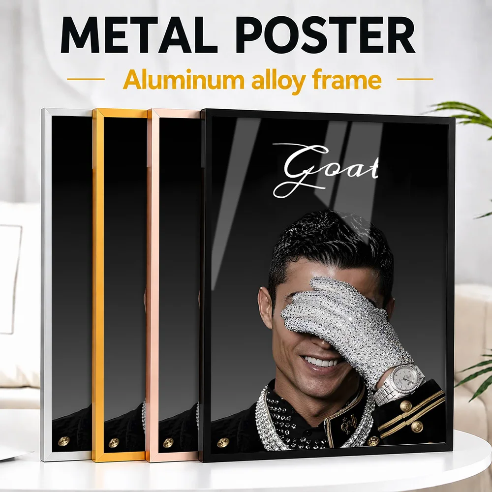 Cristiano Ronaldo GOAT Portrait Framed Metal Poster Customized Photography Wall Art For Sports Memorabilia Room, Soccer Fan Gift