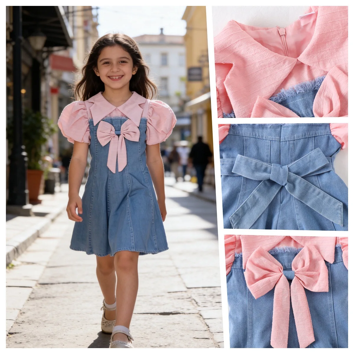

Cowboy Princess Dress Bowknot Puff Sleeve Splicing Grils Children Summer New Fashionable Comfortable Sweet Cute Casual