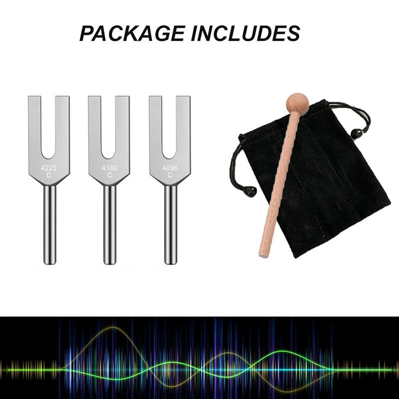 Angel Tuning Fork Set - 4096 Hz, 4160 Hz, 4225 Hz - Therapeutic Instrument Set With Wooden Strike And Storage Bag