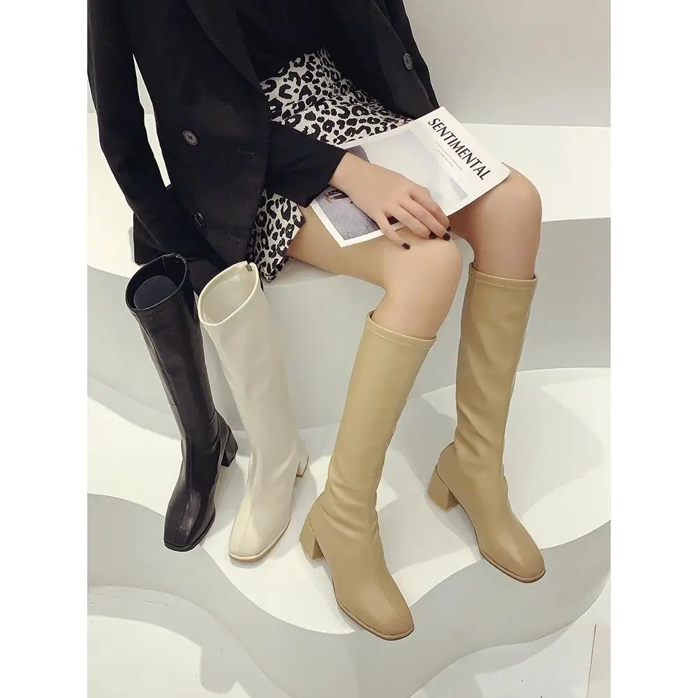 Women Warm Long Boots Woman Knee High Booties Ladies Shoes Platform Thick Heel PU Leather Soft Zipper Woman Fashion Winter 2023