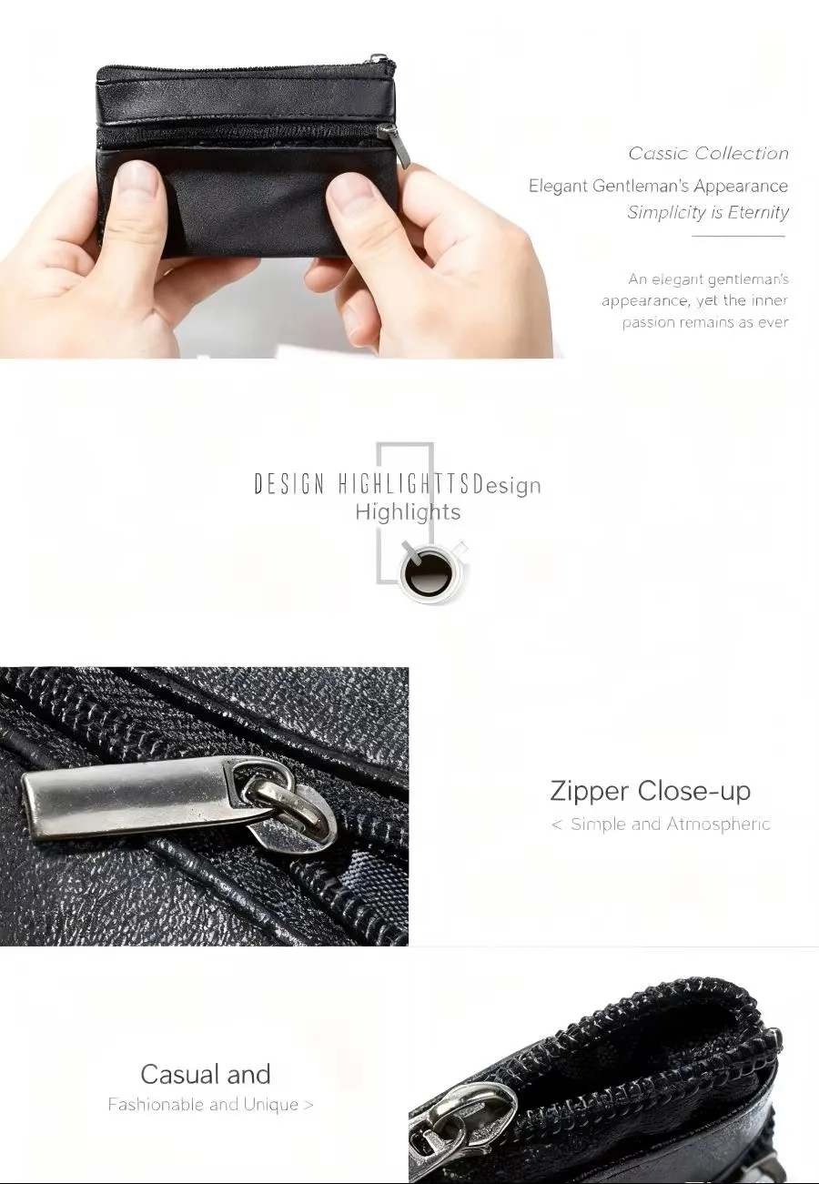 Schwarze Leder-Geldbörse, geeignet für Männer und Frauen, Mini-Geldbörsen mit Reißverschluss, kleine Geldbörsen, lässiger Kartenhalter, Schlüsselhalter – Detail 4