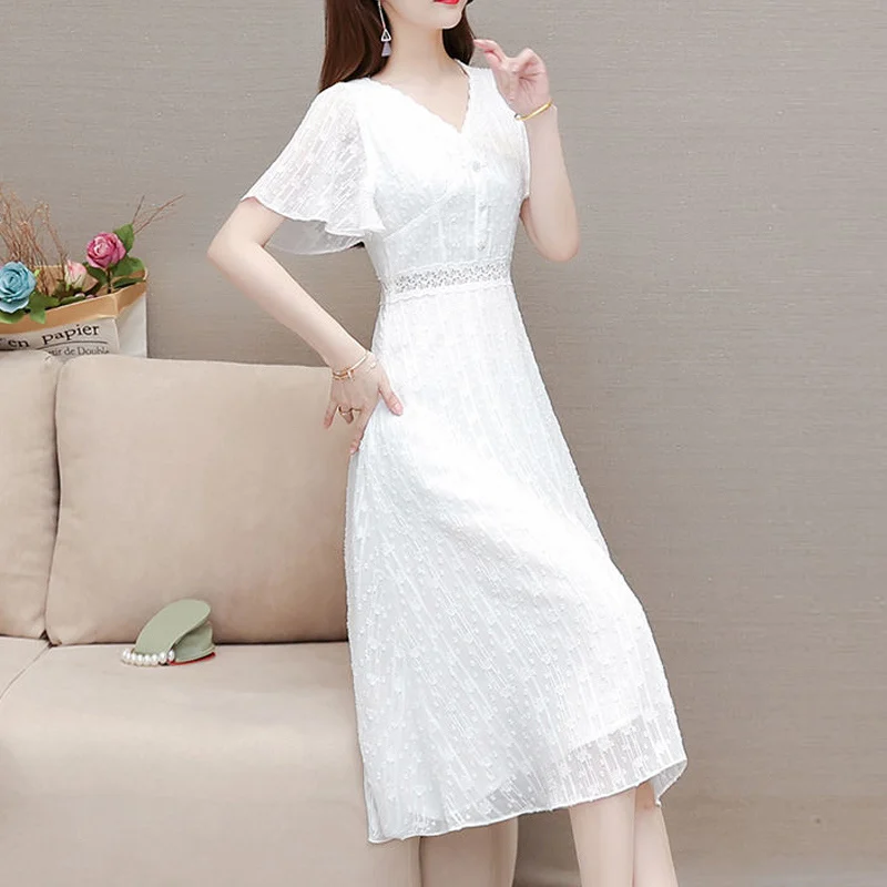 

Elegant Sweet White Lace Chic Party Dresses for Women Summer Fashion V Neck Short Sleeve Slim Fairy Midi Dress Robe Clothing 4XL